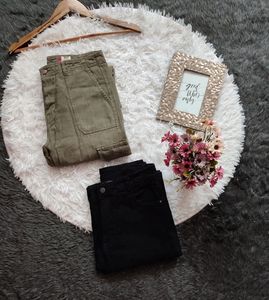 COMBO of olive green cargo & Black straight jeans
