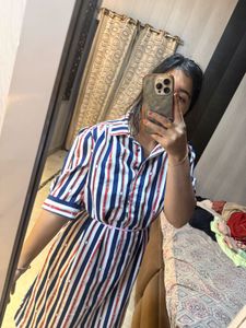 Striped Midi Shirt Dress with Pearls🦋