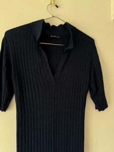 Navy Blue Ribbed Knit Midi Dress