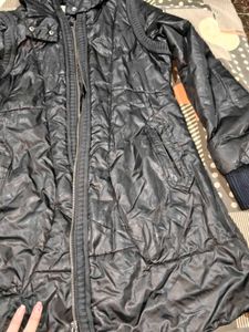 Hooded light leather jacket and winter dress