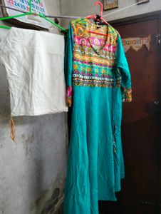 Vibrant Teal Kurta with Embellished Neckline