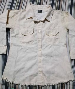Cream Button-Up Shirt with Ruffle Hem