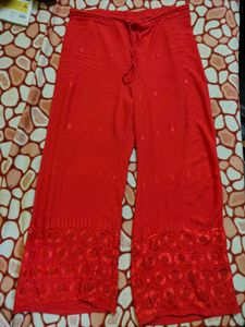 Red Palazzo Pants with Embroidered Hem