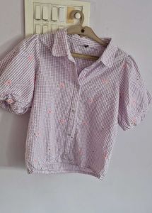 Gingham Puff Sleeve Button-Up Shirt