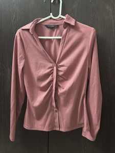 Topshop Pink Ribbed Button-Up Top