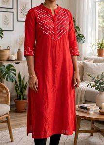 Red Cotton Kurta with White Embroidery