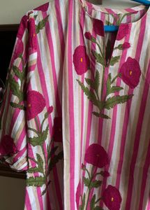 Vibrant Pink Striped Kurta with Floral Print