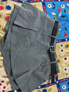 Grey Belted Pleated Shorts