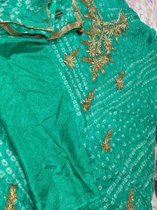 Green Bandhani Kurta Set with Golden Embroidery