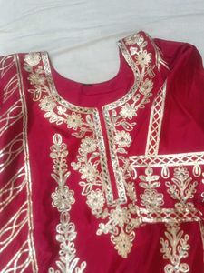 Red Velvet Kurta Set with Golden Embroidery
