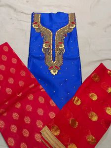 Blue Suit With Red Self Print Bottom