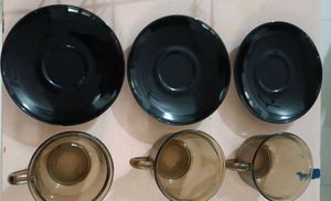 Set of 3 Smoked Glass Cups &amp; Saucers with stand