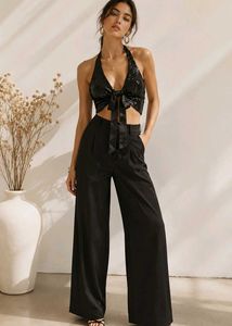 🖤 Handcrafted Black Sequin Halter Tie-Front Top