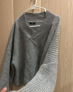 Grey Knit V-Neck Sweater