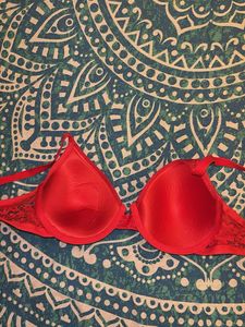 Red Lace Trim Bra (Lightly Padded, Underwired)