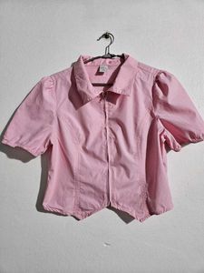 Pink Puff Sleeve Zip-Up Top