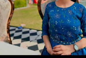 Blue Floral Print Ethnic Gown