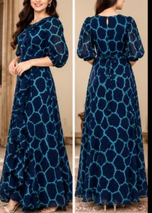 Elegant Navy & Teal Giraffe Print Maxi Dress