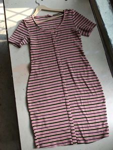 Striped Ribbed Button-Up  midi Dress