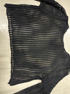 Black Crochet Mesh Long Sleeve Top