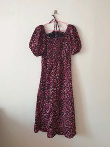 Floral Midi Dress - Puff Sleeves &amp; Tie Back