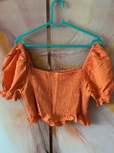 Orange Smocked Puff Sleeve Top