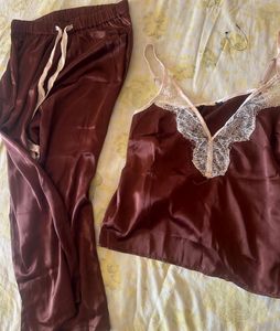 Maroon Satin Lace Pajama Set