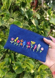 Embroidered Floral Blue Pouch