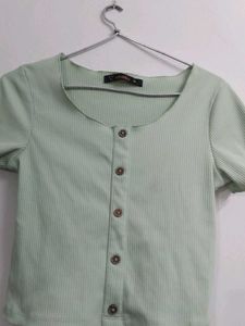 Light Green Ribbed Button-Up Top