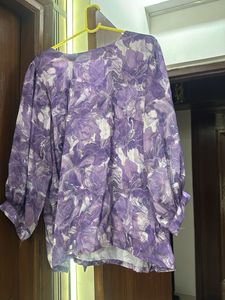 Purple Floral Print Puff Sleeve Top