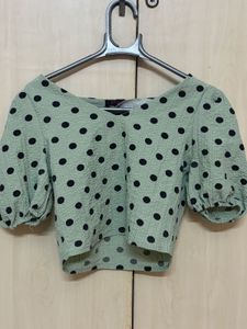 Mint Green Polka Dot Puff Sleeve Top