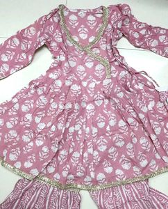 Pink Floral Print Angrakha Kurta Set