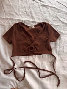 Brown Ring Detail Tie-Up Crop Top