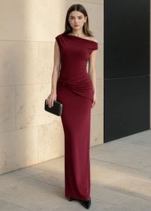 newme maroon ruched one shoulder maxi dress