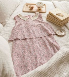 Pink Leaf Print Dress with Lace Collar