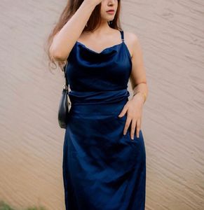Tie up Navy Blue Satin Midi Dress