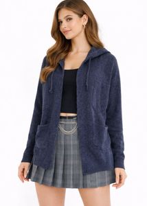 Navy Hooded Open Cardigan