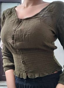 Green Button-Up Smocked Top