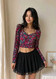Floral Print Long Sleeve Crop Top