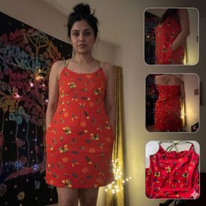 Clovia Red Floral A-Line Mini Dress - L size