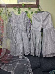 Elegant Silver Sequined Kurta Set with Dupatta