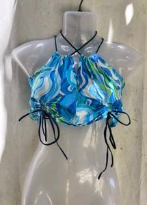 Blue Swirl Halter Neck Crop Top