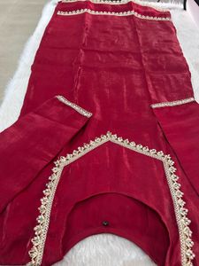 Elegant Red shiny fabric Kurta Set with Gold Trim