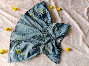 kids Girls Denim Style Floral Embroidered Frock Dr