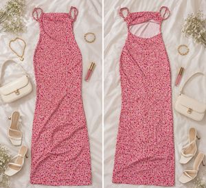 Floral pink long backless dress