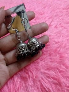 Elegant Silver Jhumka Earrings with Black Beads