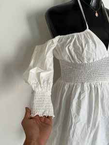 vintage Chic White Off-Shoulder Puff Sleeve Dress