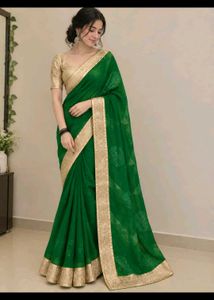 Elegant Emerald Green Saree with Gold Border