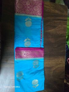 Elegant Blue Mashru Silk Saree with Pink Border