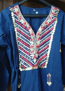 Embroidered Blue Cotton Kurta